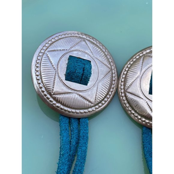 Vintage 1980s Concho Star Earrings With Blue Leather Tassels - Picture 5 of 10